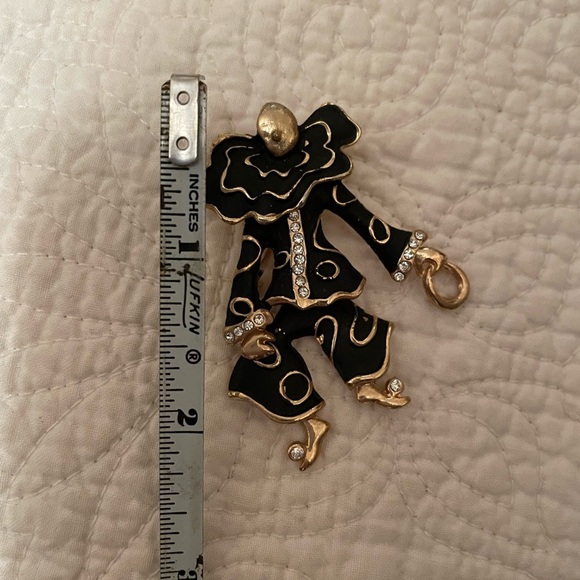 1980s Black clown pin/brooch with gold and crystal/white stone accents. - Picture 2 of 5